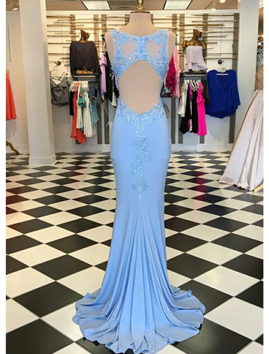 Scalloped Neck Sleeveless Sweep Train Elastic Prom Dress With Appliqu