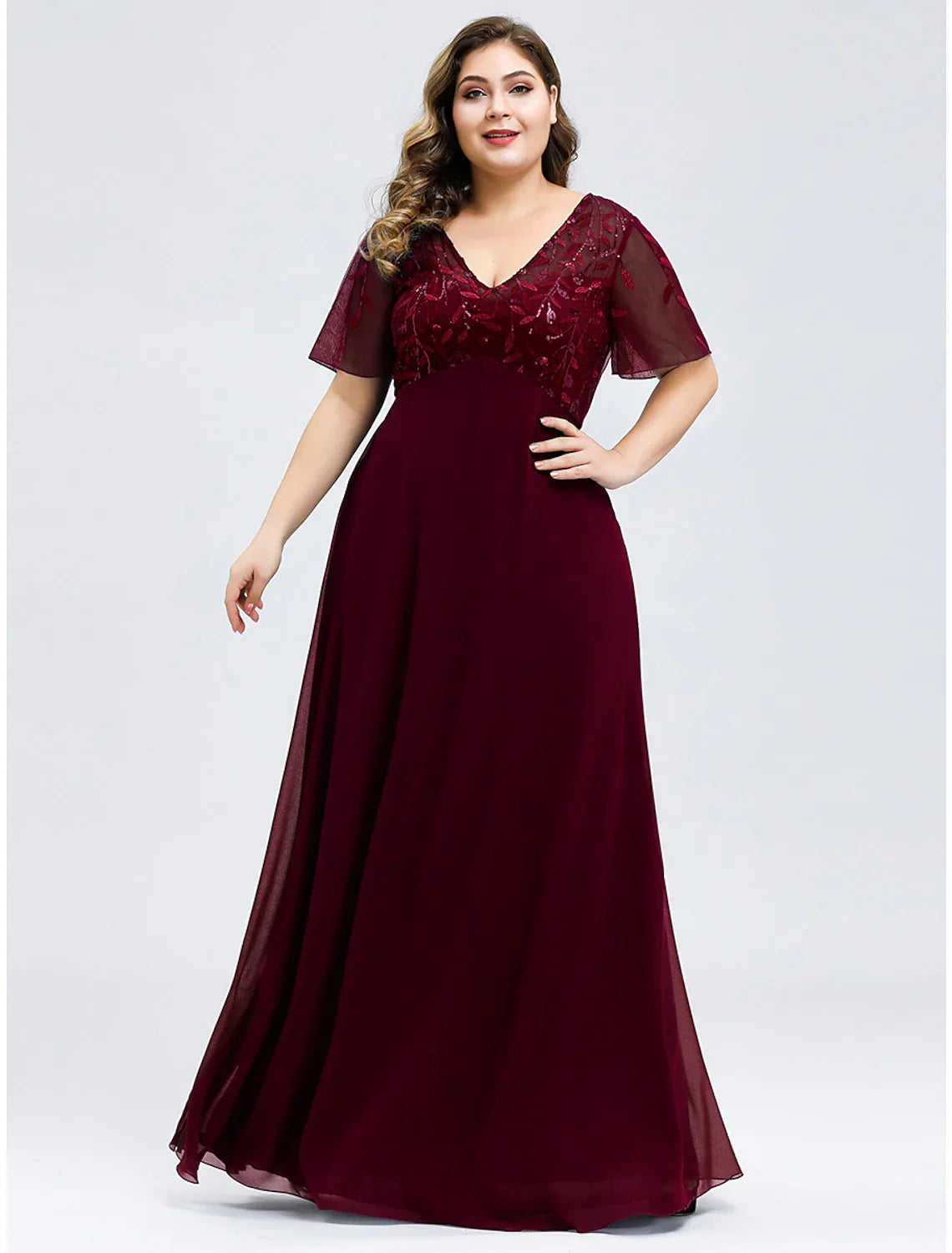 Wedding Guest Dresses Elegant Dress Fall Floor Length Short Sleeve V Neck Bridesmaid Dress with Appliques