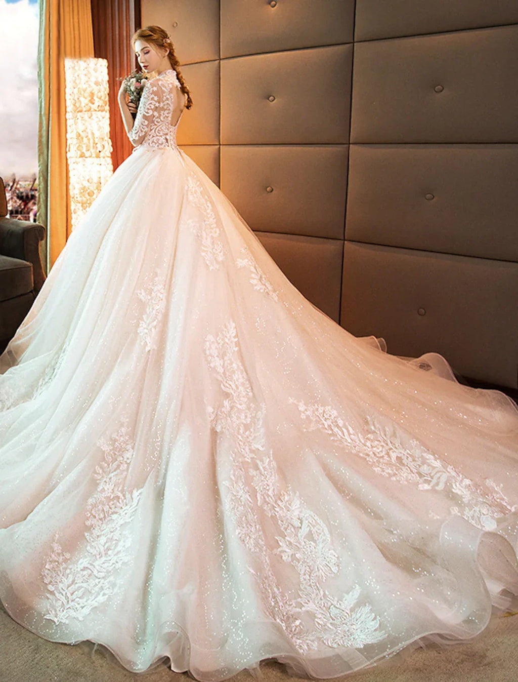 Engagement Open Back Formal Wedding Dresses Princess Long Sleeve High Neck With Appliques