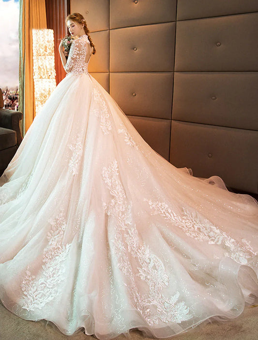 Elegant Red Classic Classic-Neck Long-Sleeve Open-Back Floor-Length Wedding Dress