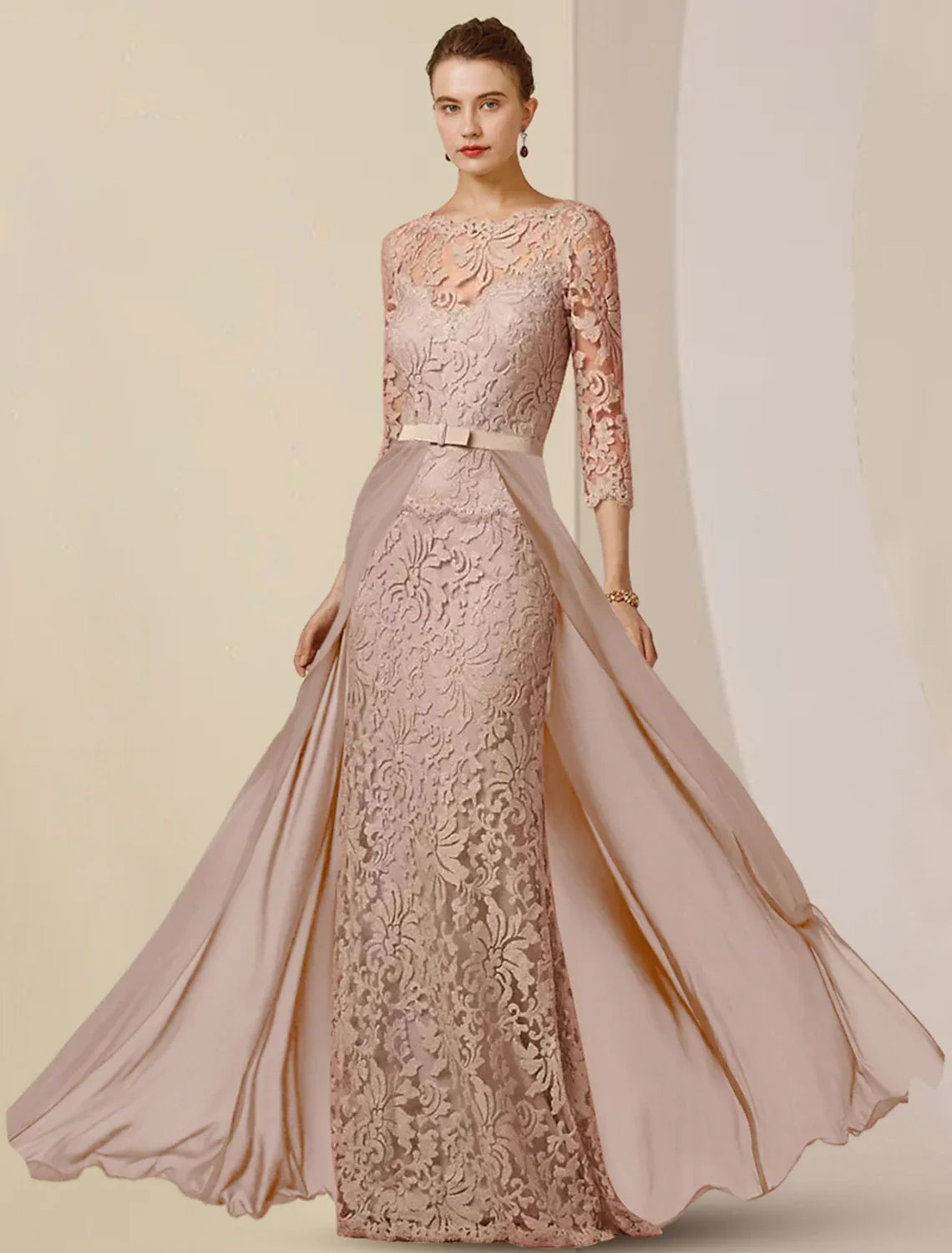 Sheath / Column Mother of the Bride Dress Formal Wedding Guest Party Elegant Scoop Neck Floor Length 3/4 Length Sleeve with Bow(s) Appliques