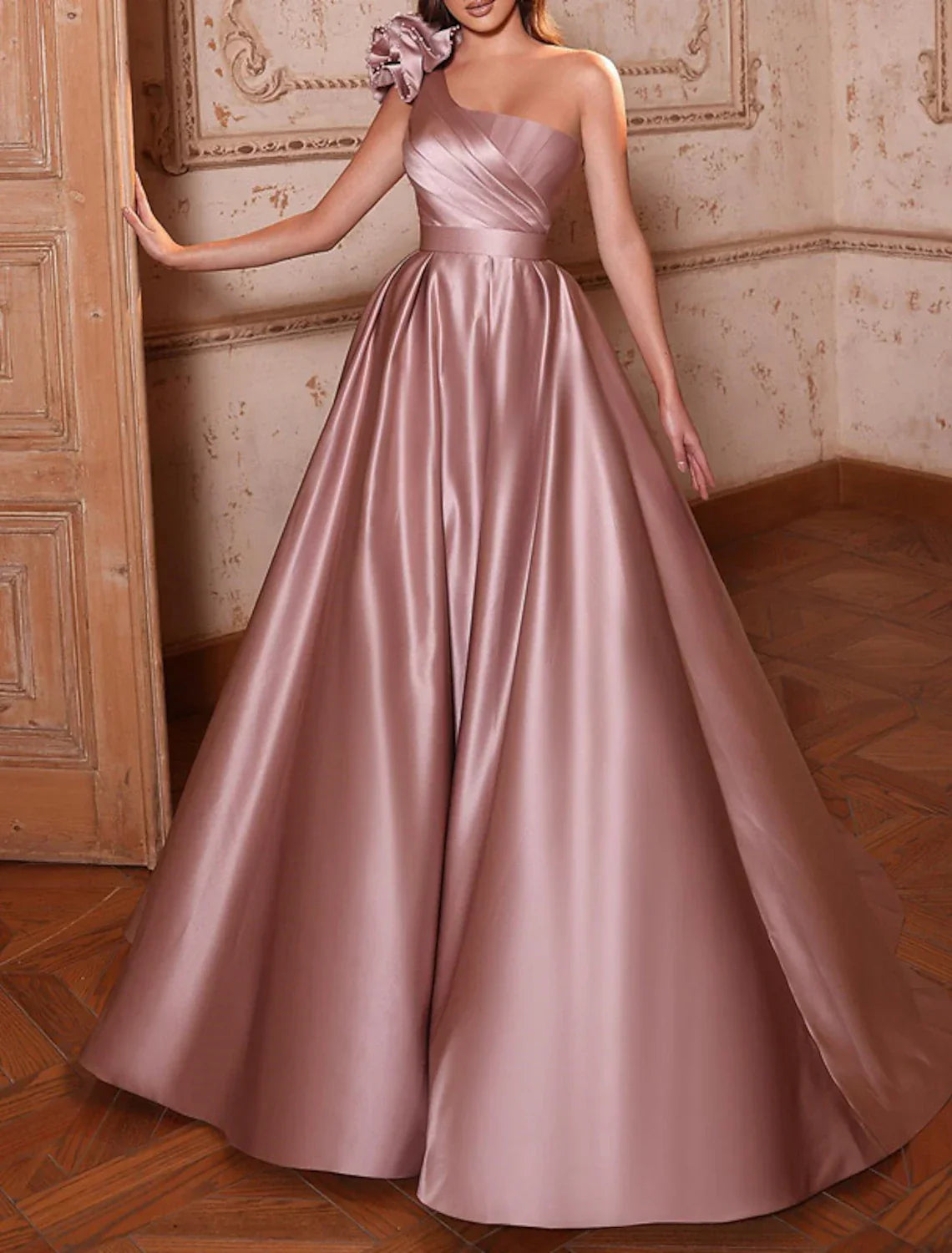 Ball Gown Evening Gown Floral Dress Formal Wedding Guest Floor Length Sleeveless One Shoulder with Ruched