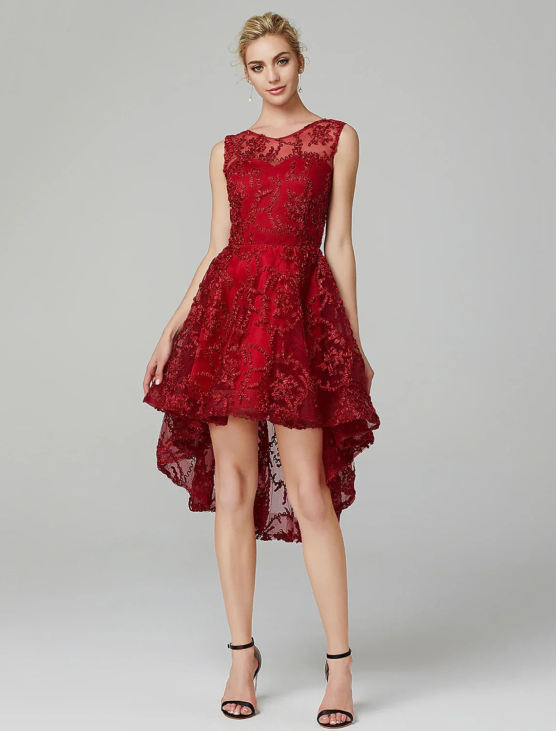 Hot Dress Wedding Guest Cocktail Party Asymmetrical Sleeveless Illusion Neck with Appliques