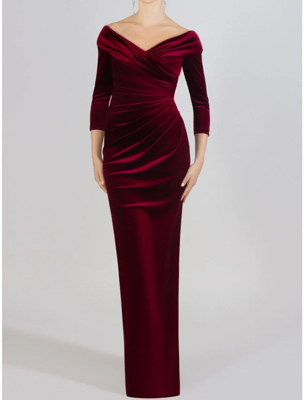 Sheath / Column Mother of the Bride Dress Wedding Guest Elegant Off Shoulder Floor Length 3/4 Length Sleeve with Split Front Ruching