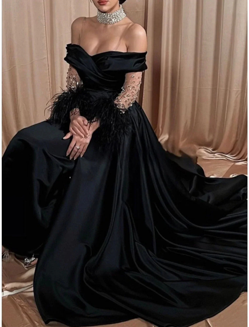 Black Evening Gown Elegant Dress Formal Dress Carival Sweep / Brush Train Long Sleeve Off Shoulder with Rhinestone Feather Pleats
