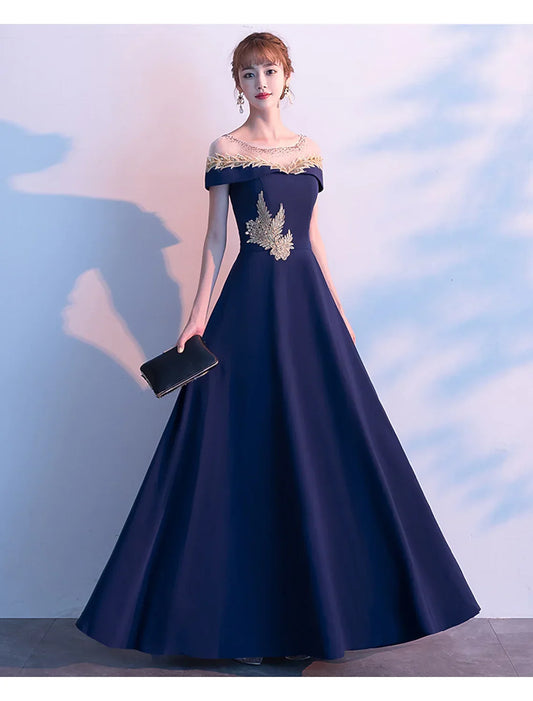 Elegant Red A-Line Classic-Neck Short-Sleeve Classic-Back Floor-Length Prom Dress