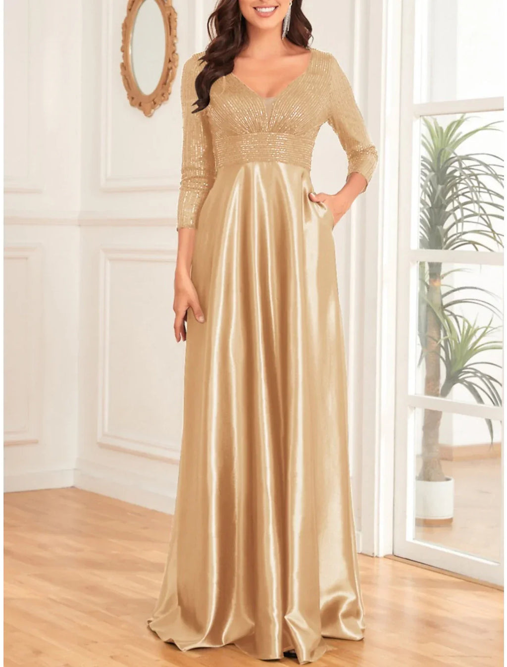 Mother of the Bride Dress Wedding Guest Elegant V Neck Floor Length 3/4 Length Sleeve with Ruching