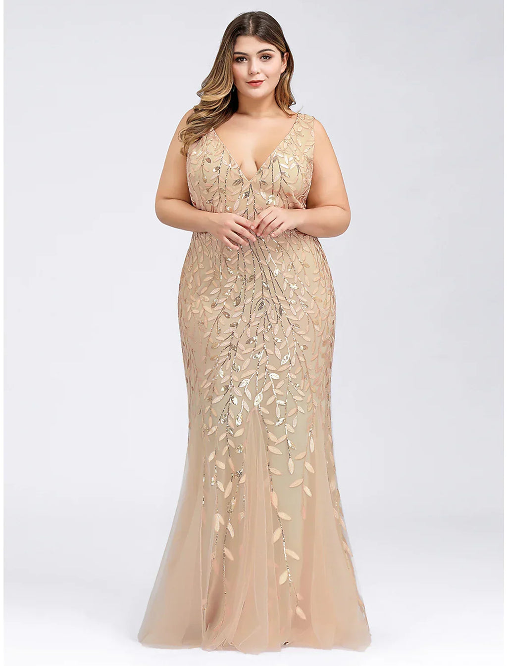 Evening Gown Plus Size Dress Wedding Guest Floor Length Sleeveless V Neck V Back Appliques