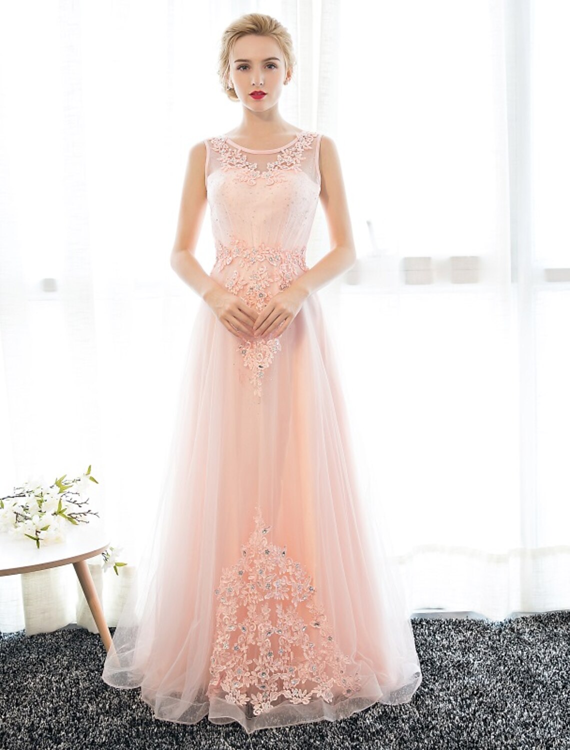 Sheath / Column Dress Wedding Guest Floor Length Sleeveless Illusion Neck with Crystals Appliques