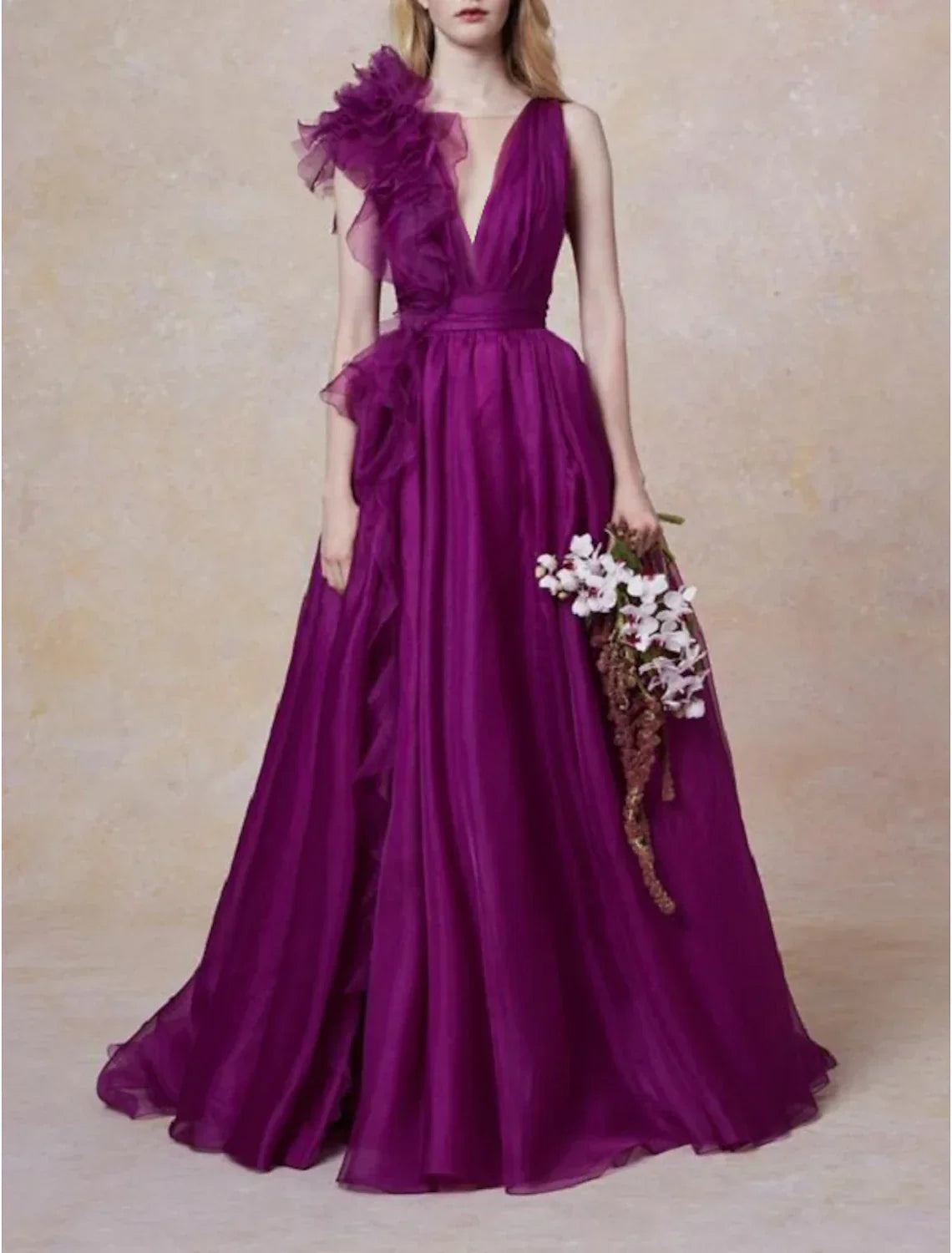Evening Gown Celebrity Style Dress Formal Wedding Guest Floor Length Sleeveless V Neck