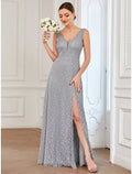 Evening Gown Elegant Dress Formal Floor Length Sleeveless V Neck V Back with Slit