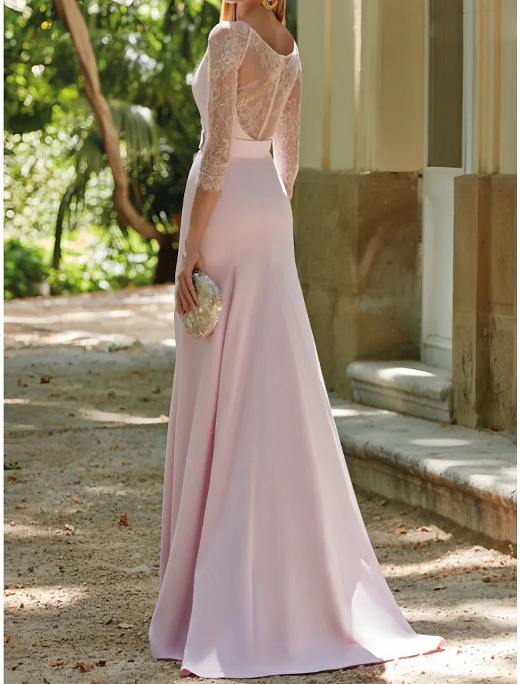 Mermaid / Trumpet Mother of the Bride Dress Wedding Guest Elegant Scoop Neck Sweep / Brush Train Fabric 3/4 Length Sleeve with Split Front Ruching