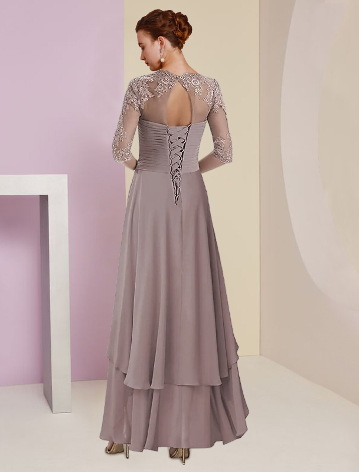 Two Piece A-Line Mother of the Bride Dress Formal Wedding Guest Elegant Square Neck Asymmetrical Tea Length 3/4 Length Sleeve Wrap Included with Ruched Tier Appliques