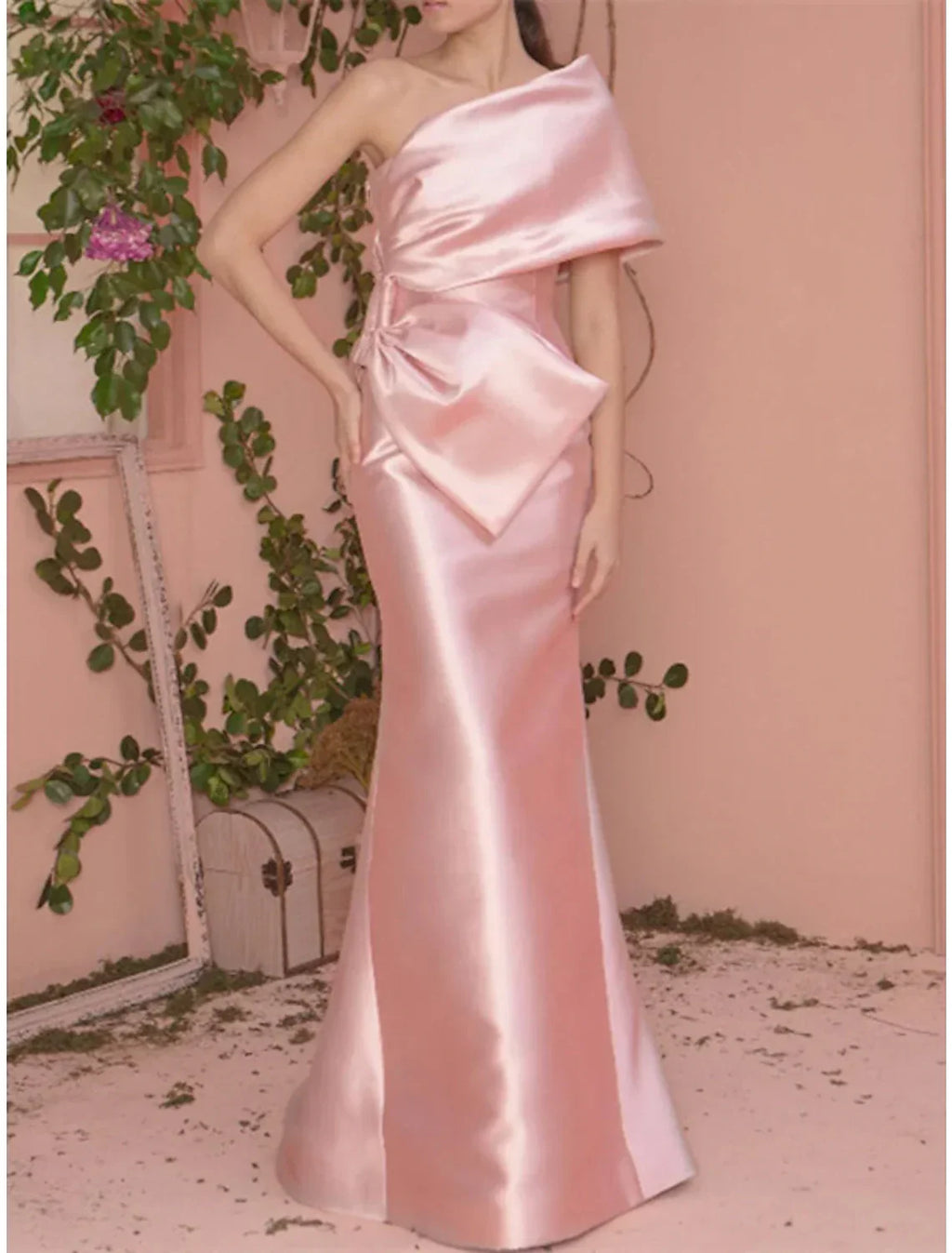 Mermaid / Trumpet Prom Dresses Celebrity Style Dress Engagement Formal Evening Floor Length Short Sleeve One Shoulder with Bow(s)