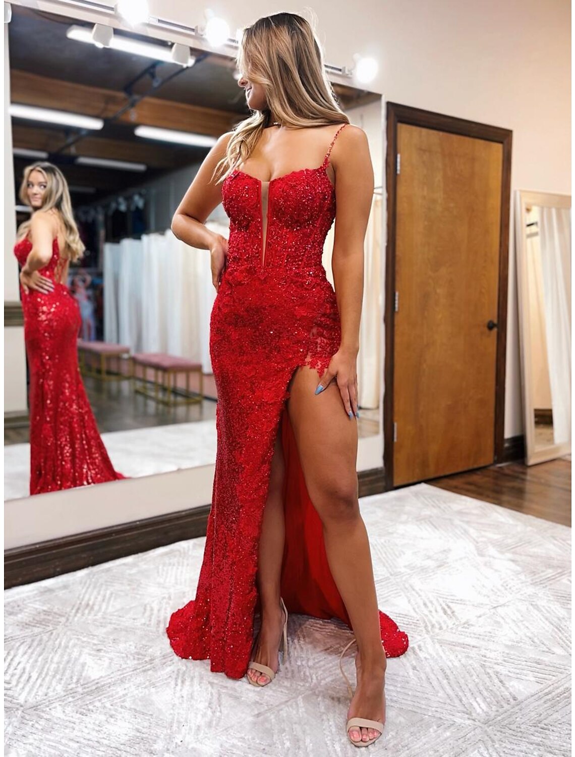 Mermaid / Trumpet Prom Dresses Sparkle & Shine Dress Formal Sweep / Brush Train Sleeveless Spaghetti Strap Backless with Beading Slit