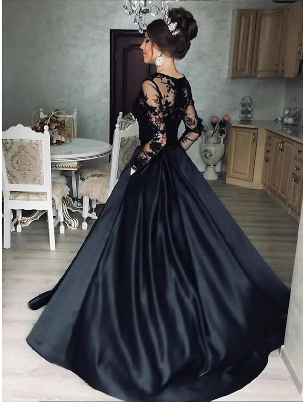 Ball Gown Evening Gown Princess Dress Prom Wedding Party Floor Length Long Sleeve Jewel Neck Wednesday Addams Family with Appliques