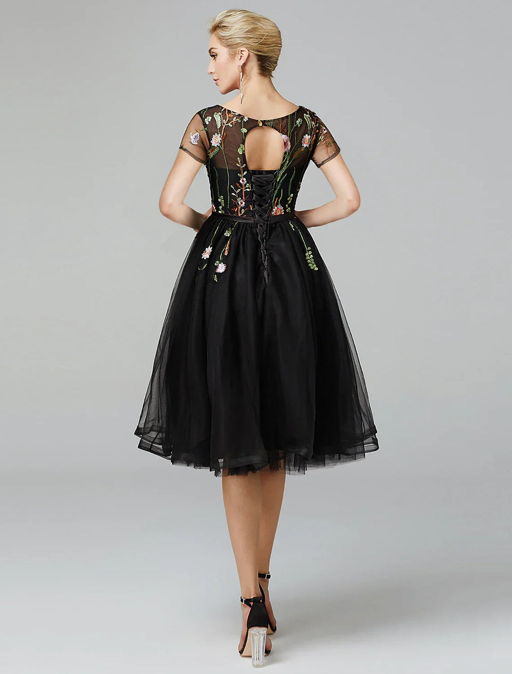 Floral Engagement Formal Evening Dress Illusion Neck Short Sleeve Knee Length with Pleats Appliques