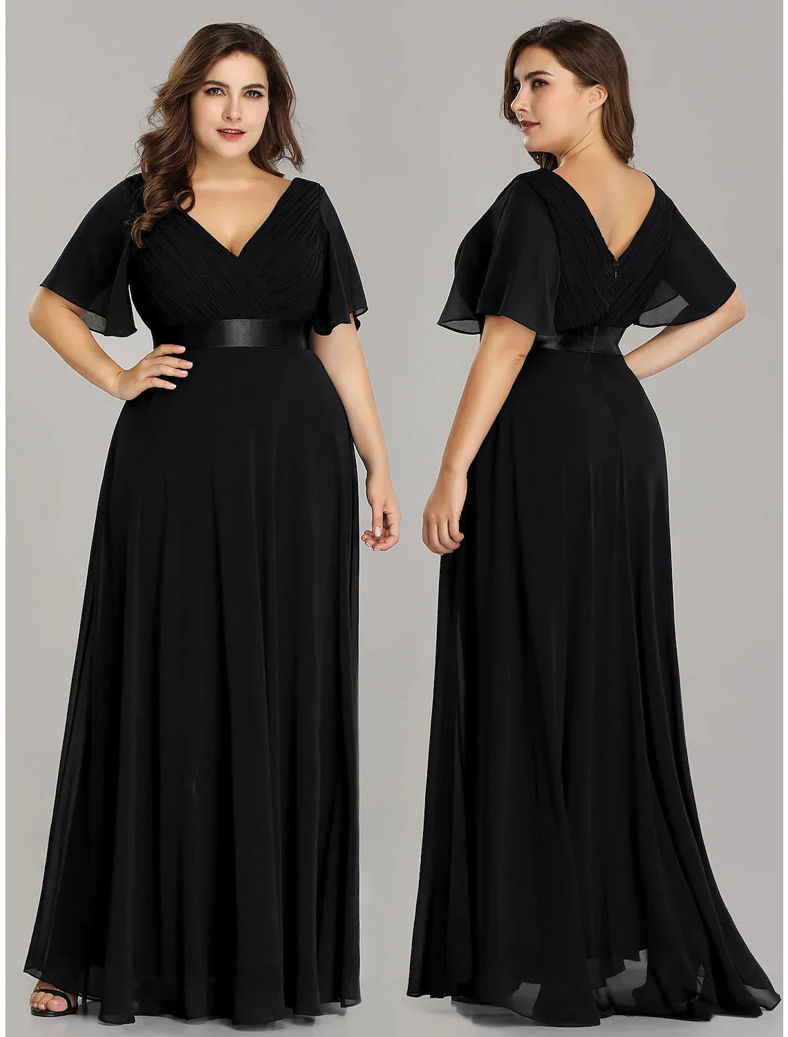 Plus Size Prom Formal Evening Dress V Neck V Back Short Sleeve Floor Length with Pleats Ruched