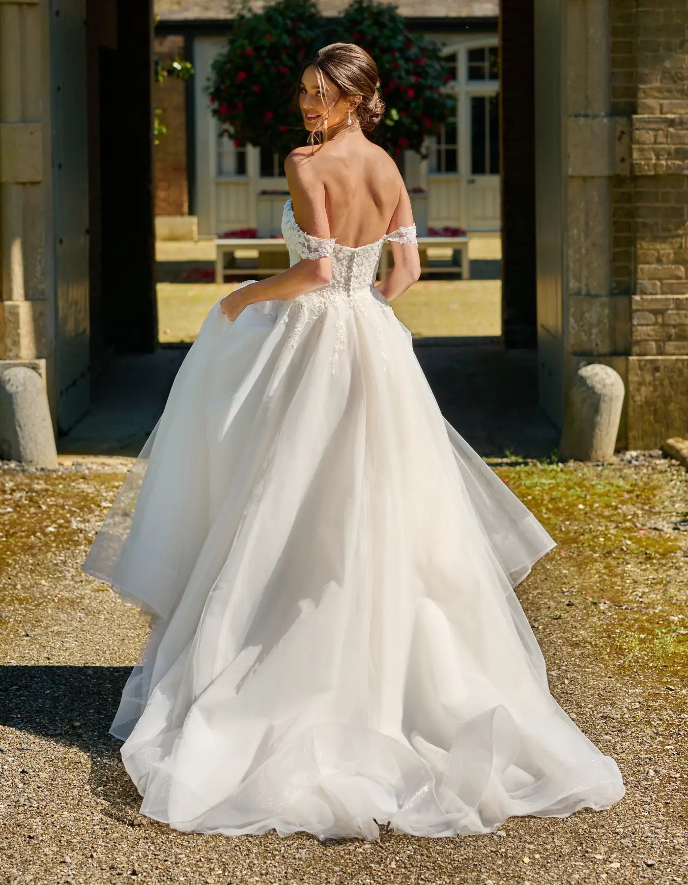 an off-the-shoulder a-line
