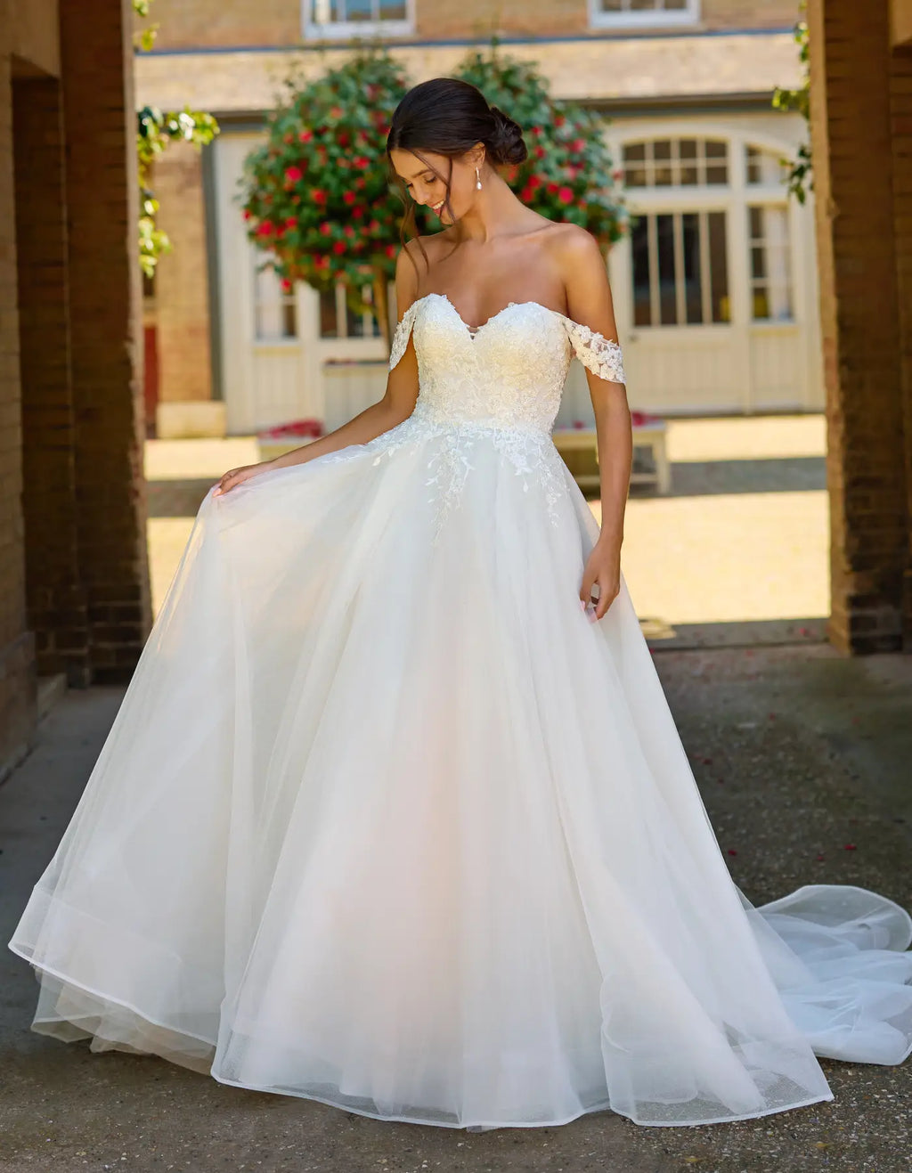an off-the-shoulder a-line