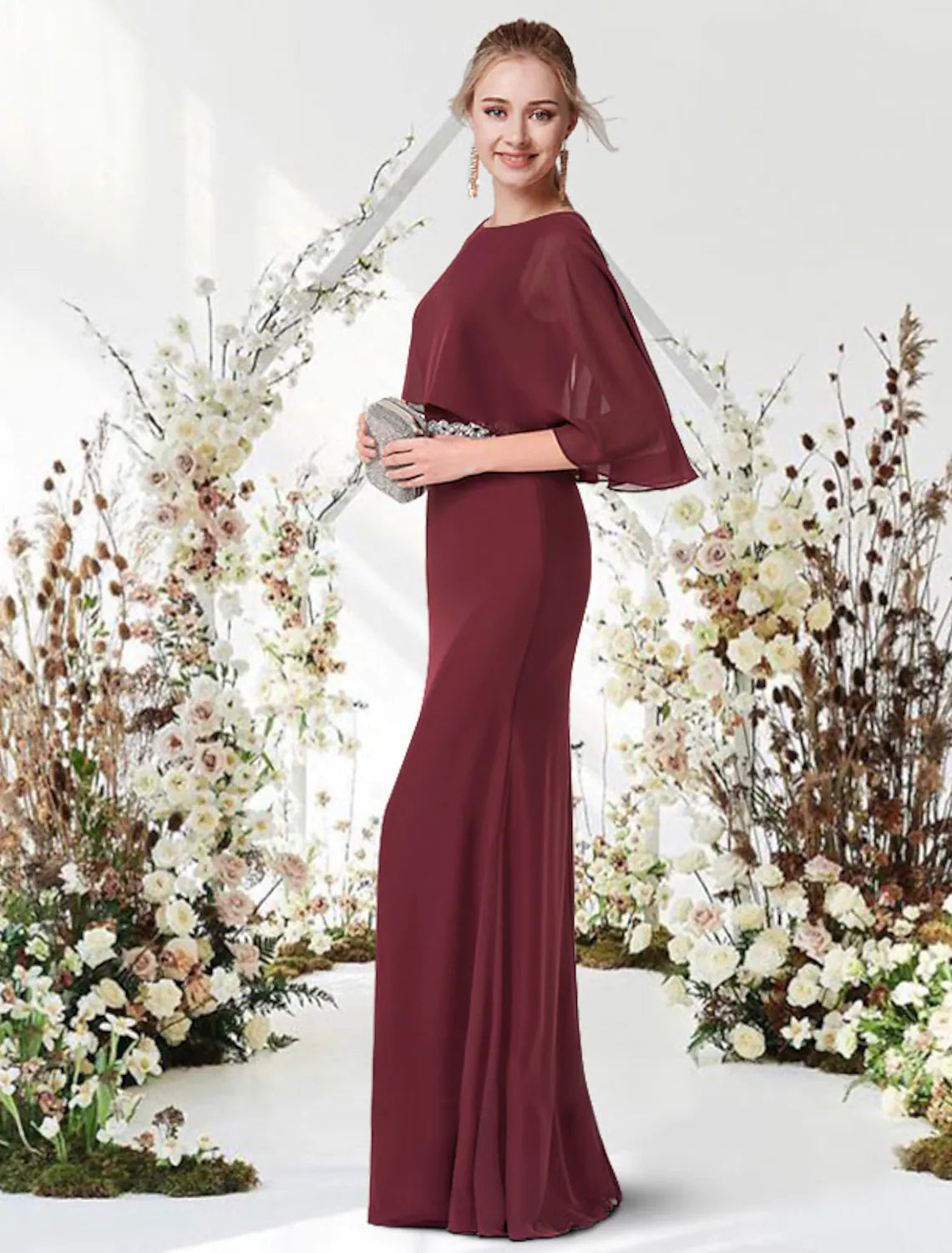 Engagement Formal Evening Dress Jewel Neck Half Sleeve Floor Length with Sash Ribbon