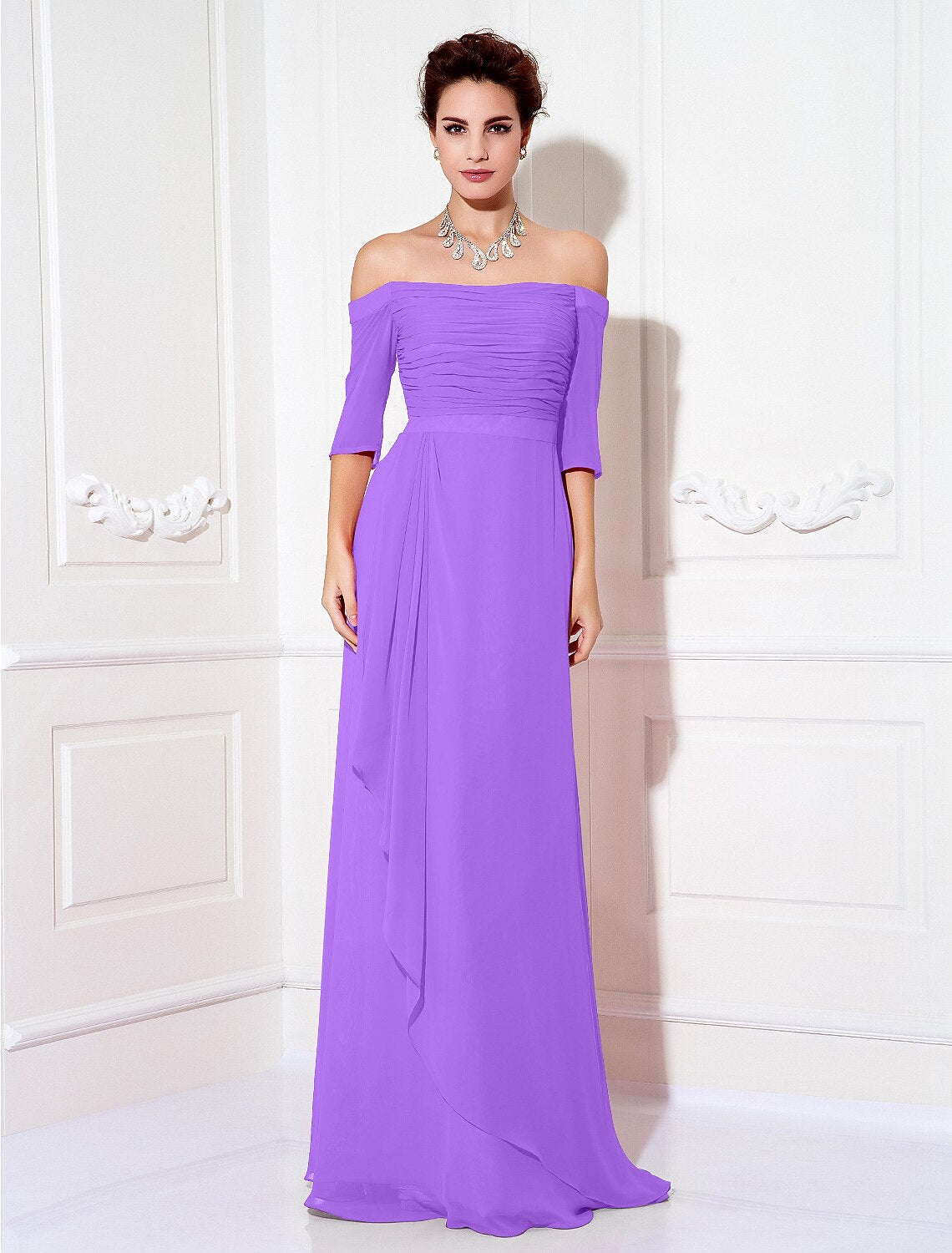 Sheath / Column Minimalist Dress Wedding Guest Sweep / Brush Train Half Sleeve Off Shoulder with Ruched Draping