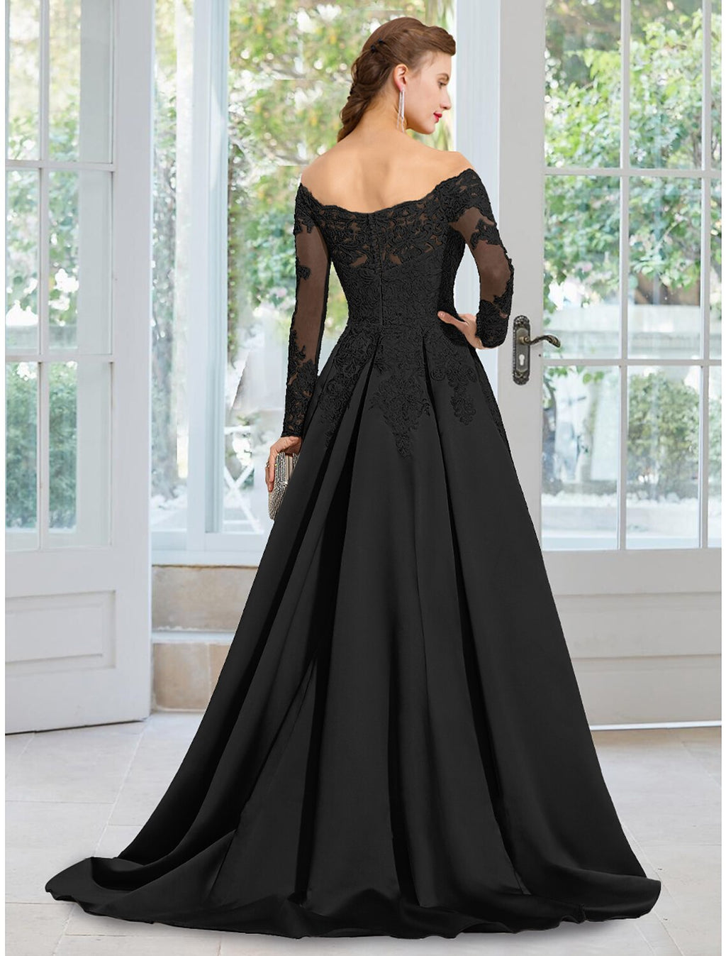 Black Evening Gown Dress Formal Court Train Long Sleeve Off Shoulder with Appliques
