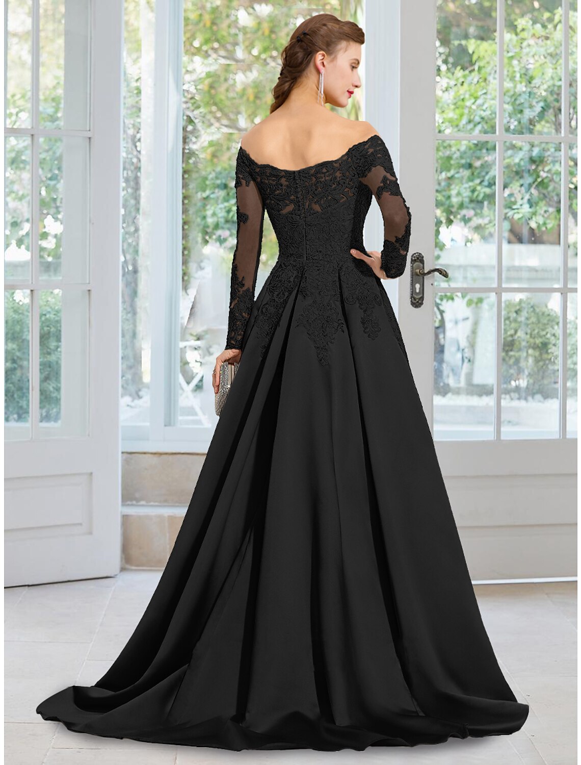 Black Evening Gown Dress Formal Court Train Long Sleeve Off Shoulder with Appliques