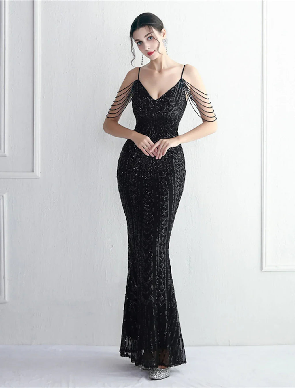 Mermaid / Trumpet Evening Gown Sparkle & Shine Dress Formal Floor Length Short Sleeve Spaghetti Strap with Beading