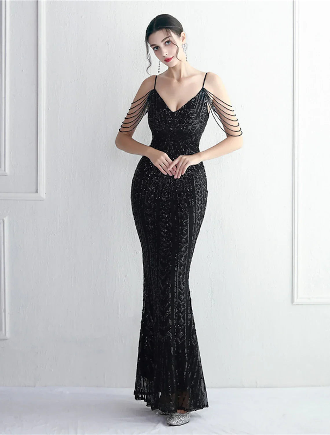 Mermaid / Trumpet Evening Gown Sparkle & Shine Dress Formal Floor Length Short Sleeve Spaghetti Strap with Beading