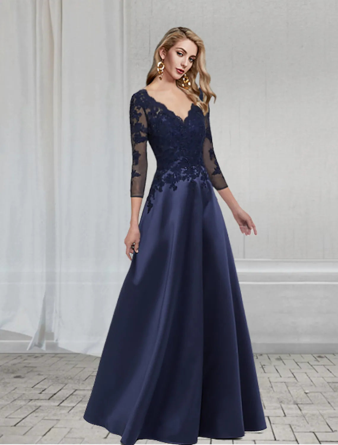 Wedding Guest Formal Evening Dress V Neck Length Sleeve Floor Length with Appliques