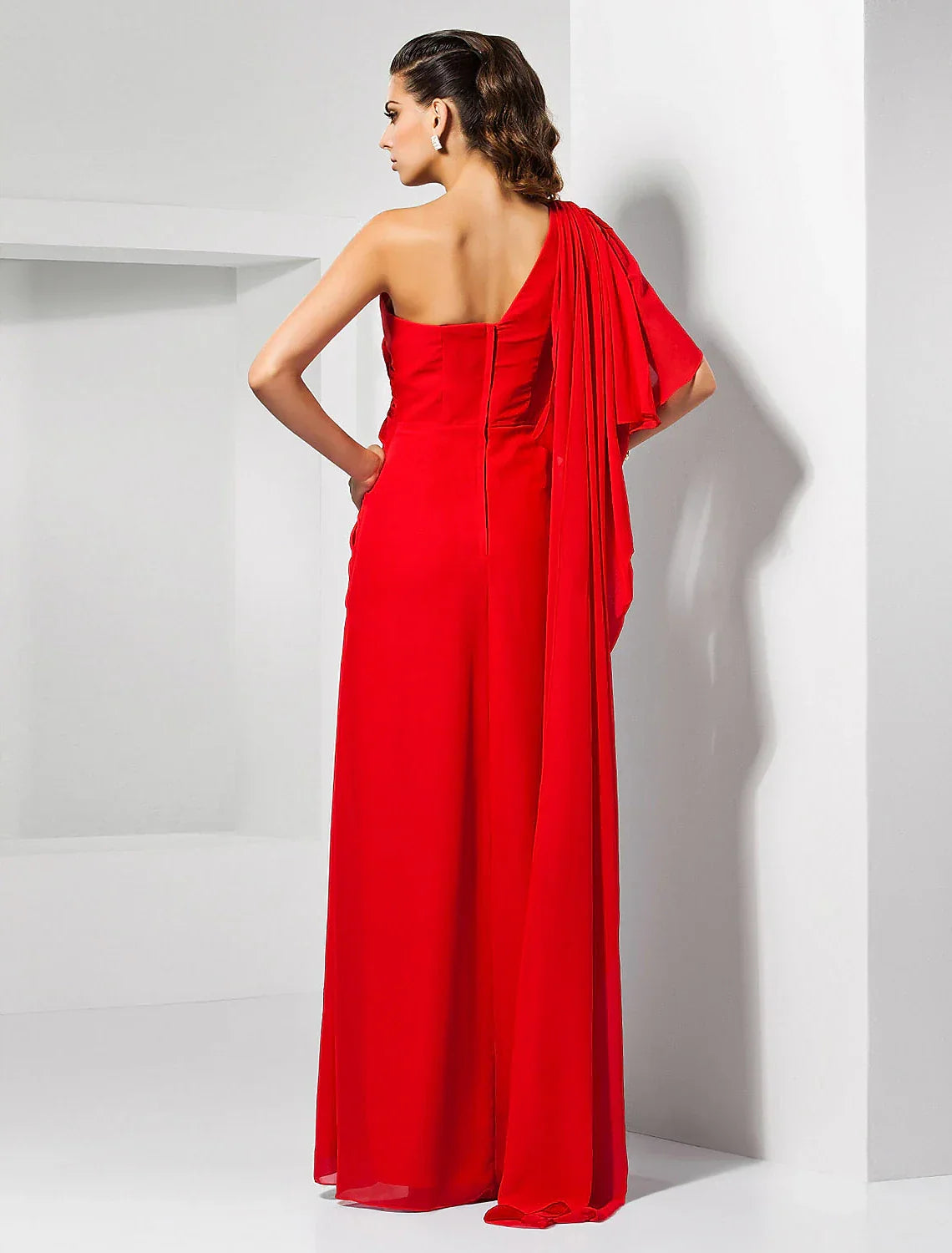 Sheath / Column Empire Wedding Guest Formal Evening Dress One Shoulder Sleeveless Floor Length with Draping Slit