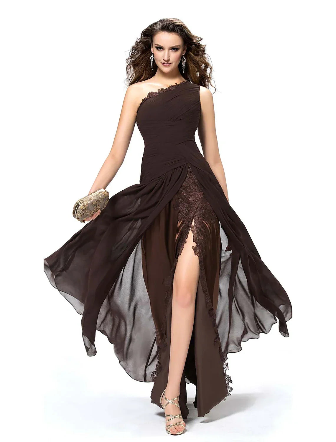 Sexy Party Wear Formal Evening Dress One Shoulder Backless Sleeveless Floor Length with Slit Insert