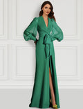 Green Mermaid Christmas Red Dress Evening Gown Elegant Dress Formal Wedding Guest Sweep / Brush Train Long Sleeve V Neck Fall Wedding Guest with Slit Strappy