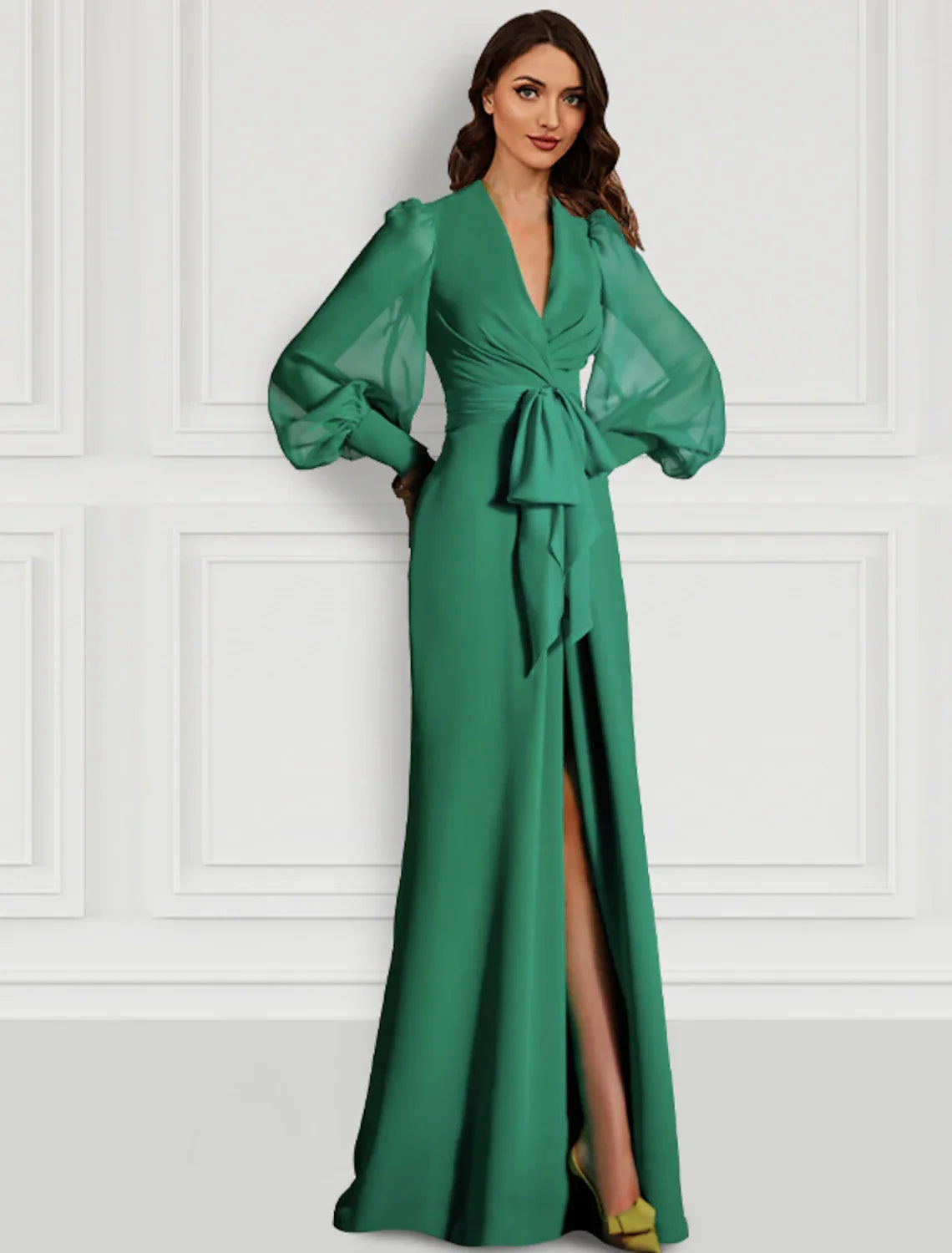 Green Mermaid Christmas Red Dress Evening Gown Elegant Dress Formal Wedding Guest Sweep / Brush Train Long Sleeve V Neck Fall Wedding Guest with Slit Strappy