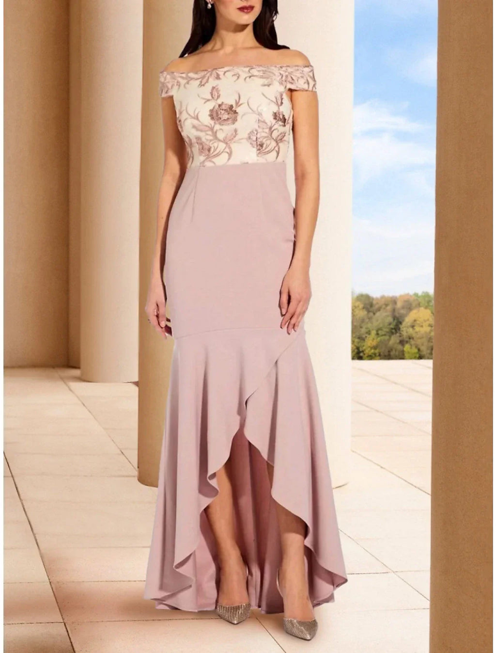 Mother of the Bride Dress Wedding Guest Elegant Off Shoulder Asymmetrical Short Sleeve with Embroidery Ruching