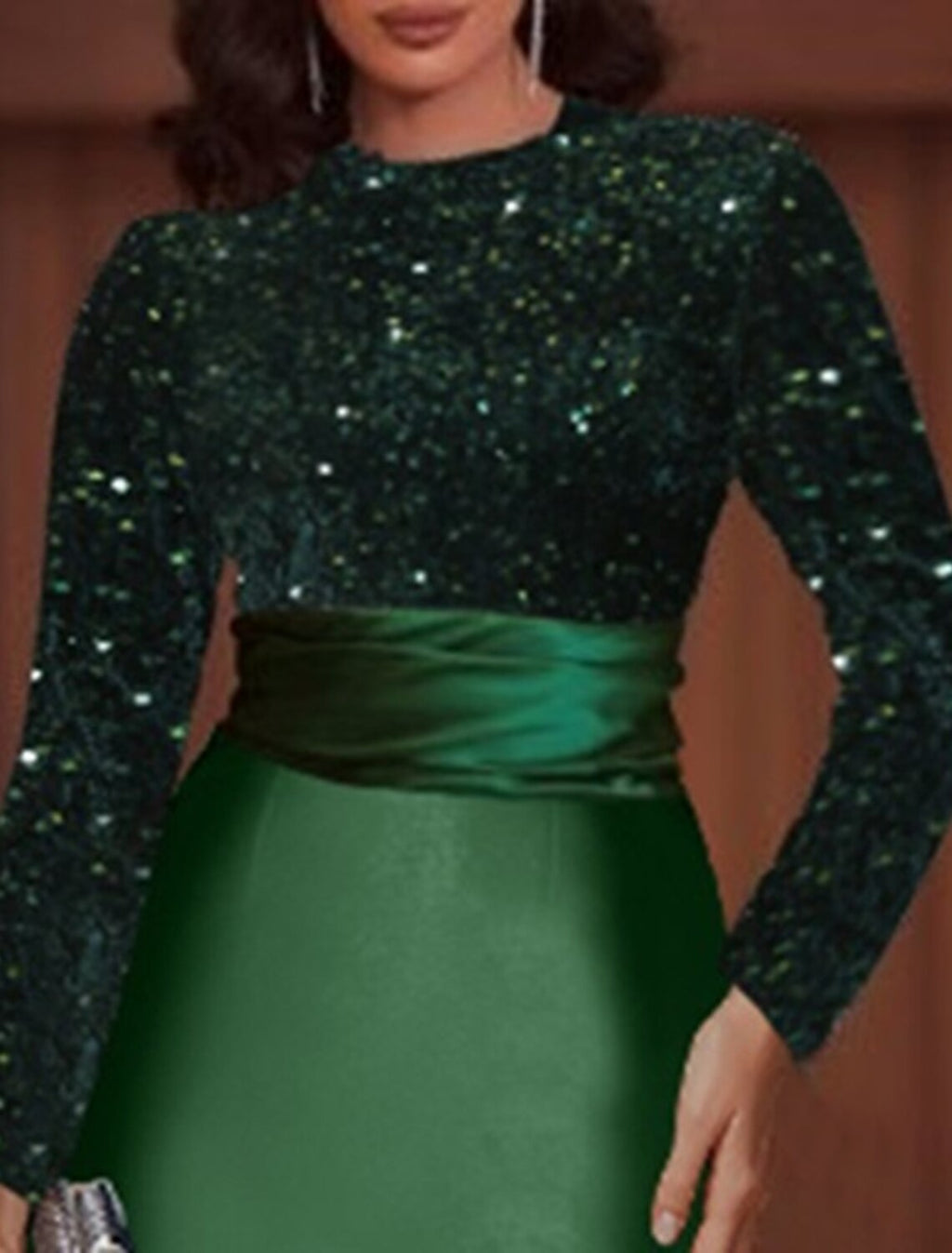 Green Sheath Evening Gown Elegant Dress Red Dress Knee Length Long Sleeve High Neck