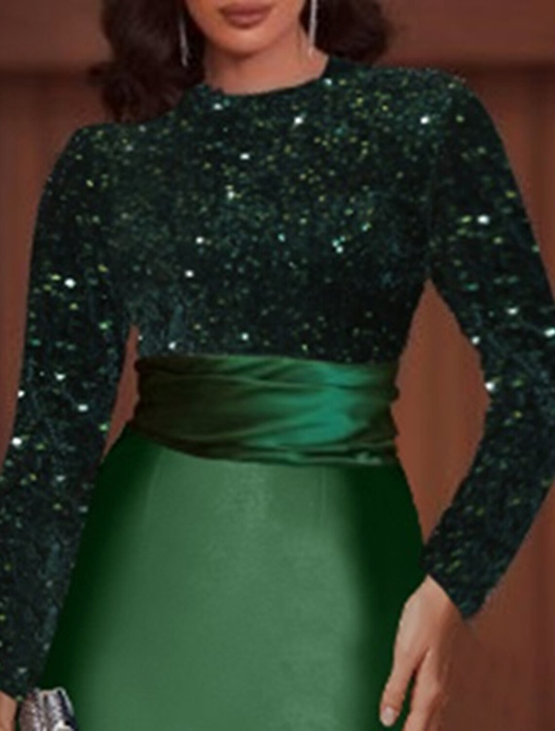 Green Sheath Evening Gown Elegant Dress Red Dress Knee Length Long Sleeve High Neck