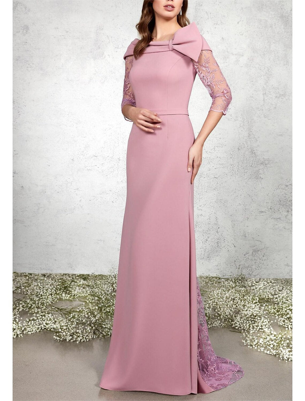 Mother of the Bride Dress Formal Wedding Guest Elegant Bateau Neck Sweep / Brush Train 3/4 Length Sleeve with Bow(s) Appliques