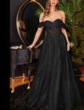 Evening Gown Glittering Dress Wedding Guest Party Wear Floor Length Short Sleeve Strapless Backless with Glitter Appliques