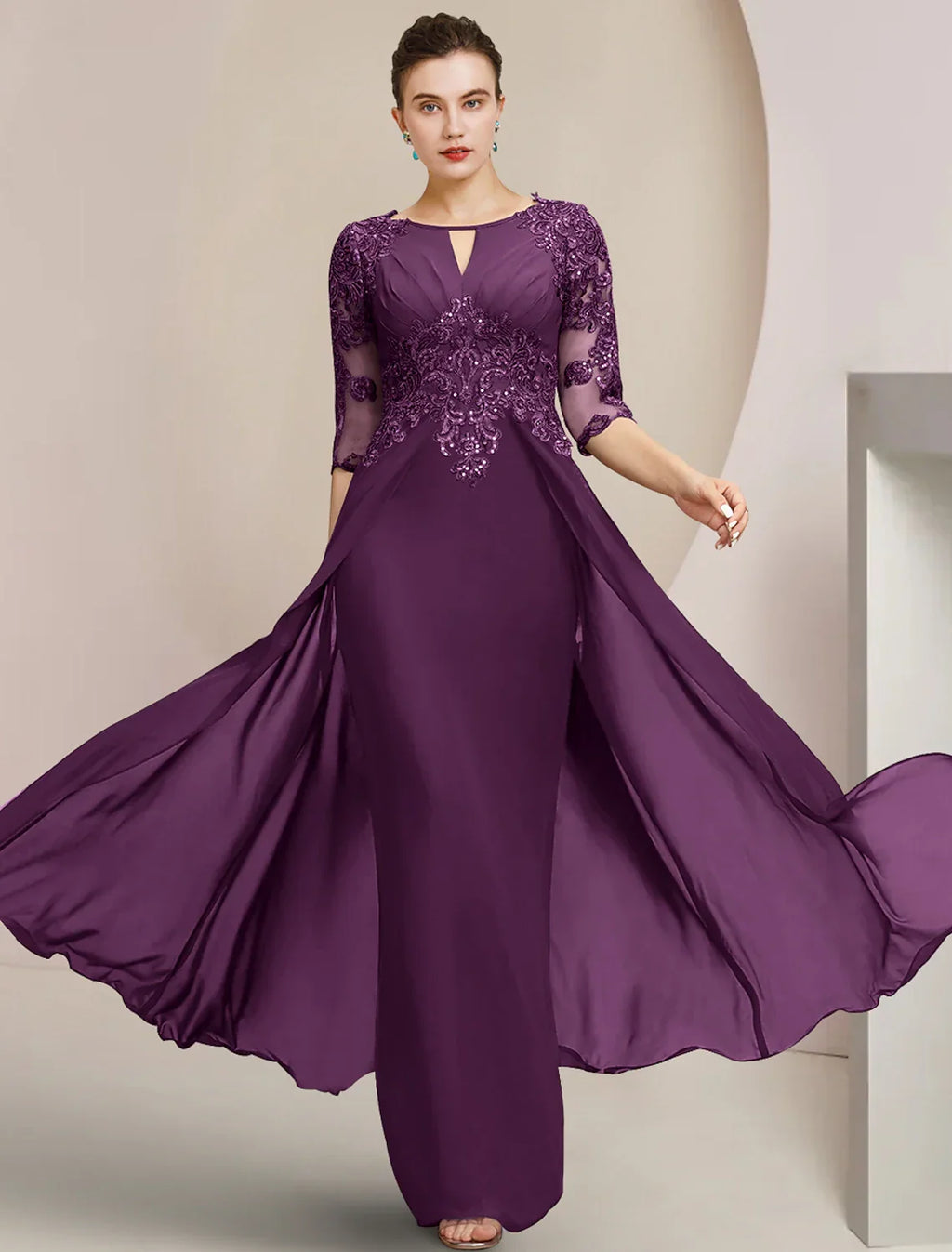 Sheath / Column Mother of the Bride Dress Formal Wedding Guest Elegant Scoop Neck Floor Length Half Sleeve with Appliques