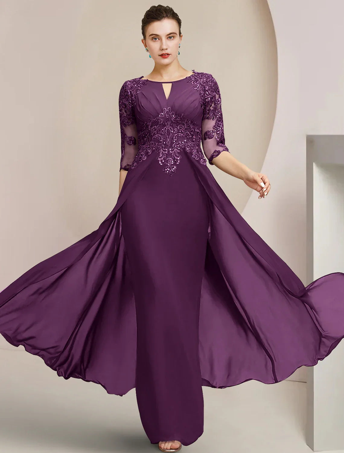 Sheath / Column Mother of the Bride Dress Formal Wedding Guest Elegant Scoop Neck Floor Length Half Sleeve with Appliques