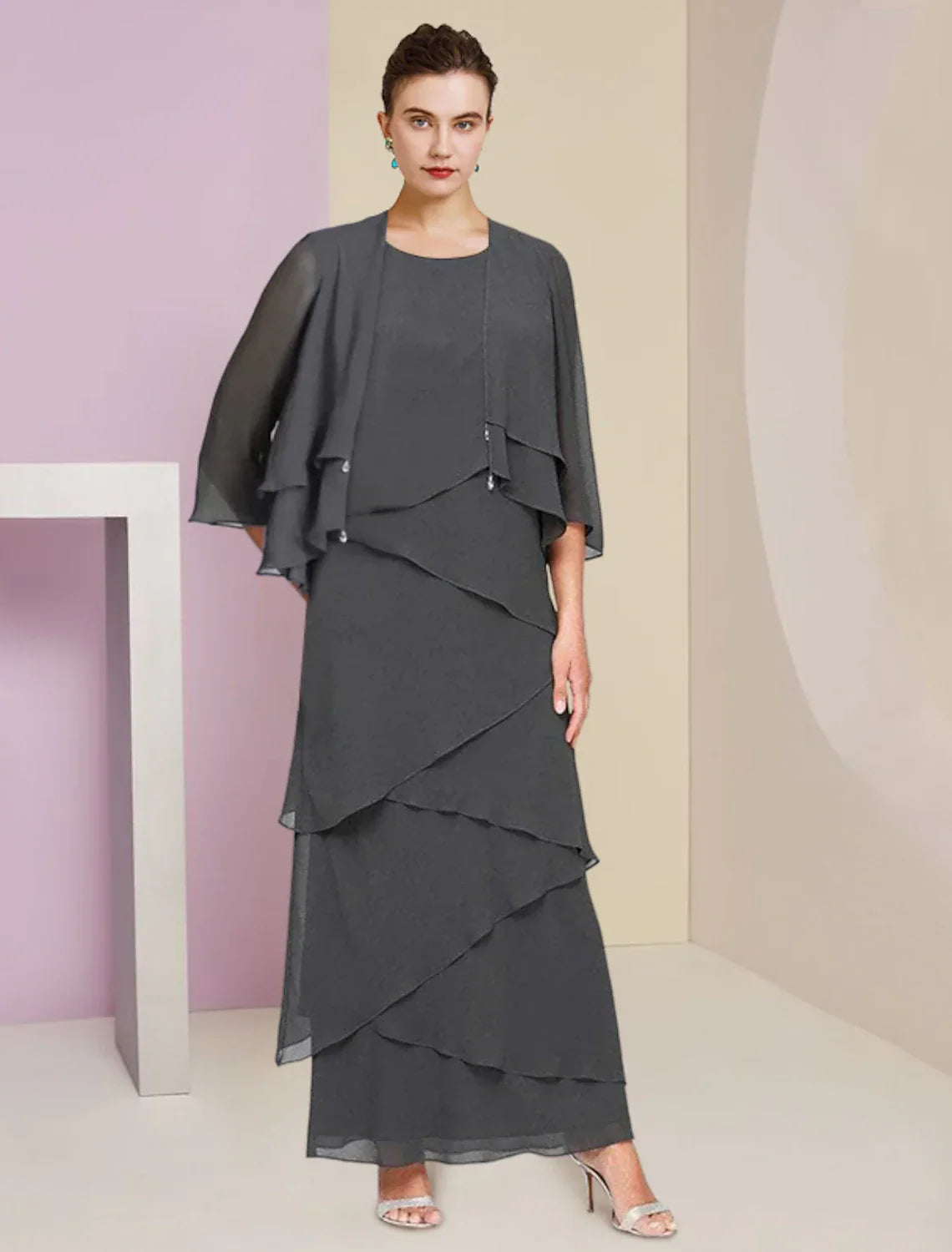 Sheath / Column Mother of the Bride Dress Formal Wedding Guest Elegant Scoop Neck Ankle Length Sleeveless Wrap Included with Cascading Ruffles