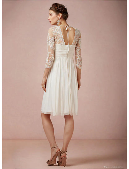 Elegant White A-Line V-Neck Classic-Sleeve Open-Back Knee-Length Wedding Dress