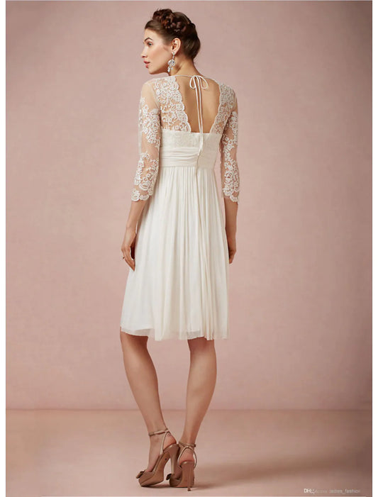 Elegant White A-Line V-Neck Classic-Sleeve Open-Back Knee-Length Wedding Dress