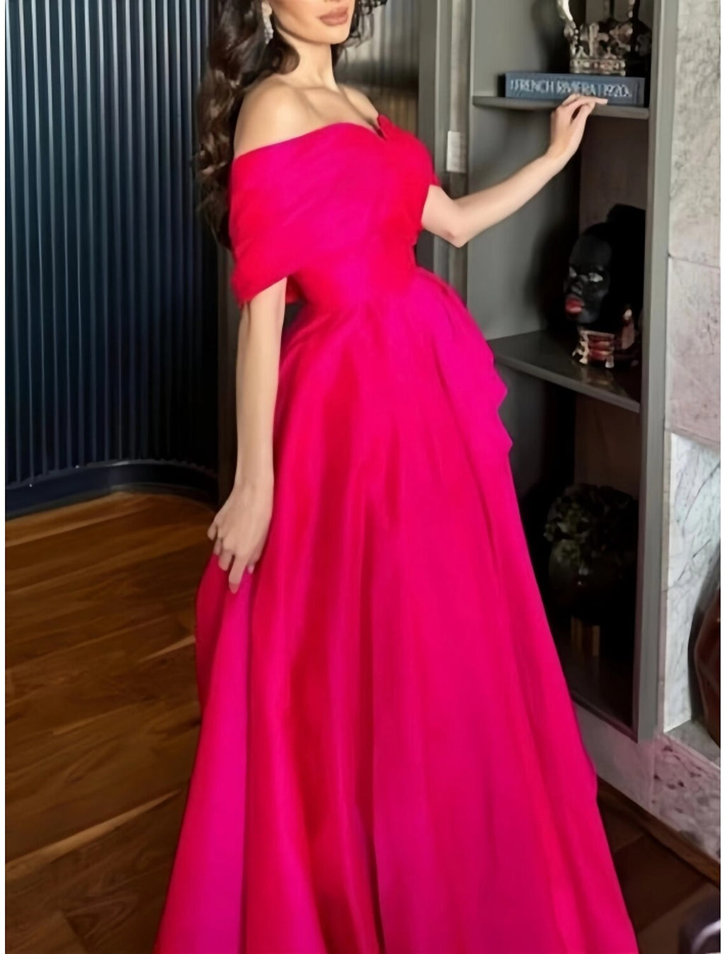 Green Evening Gown Elegant Dress Formal Floor Length Christmas Red Dress Short Sleeve Off Shoulder with Pleats