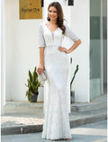 Evening Gown Glittering Dress Engagement Floor Length Half Sleeve V Neck with Tassel