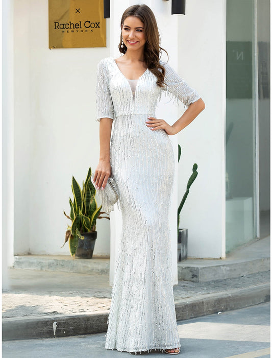 Elegant Red A-Line V-Neck Classic-Sleeve Classic-Back Floor-Length Prom Dress