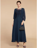 Mother of the Bride Dress Wedding Guest Elegant Jewel Neck Ankle Length Long Sleeve with Ruching Solid Color
