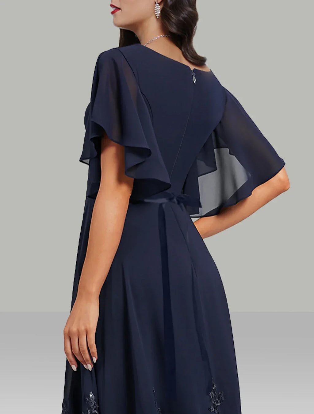 Wedding Guest Dresses Elegant Dress Cocktail Party Tea Length Short Sleeve V Neck Belt / Sash with Rhinestone Glitter Embroidery